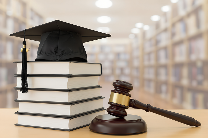 A graduation cap on a stack of books next to a judge’s gavel in a library setting.